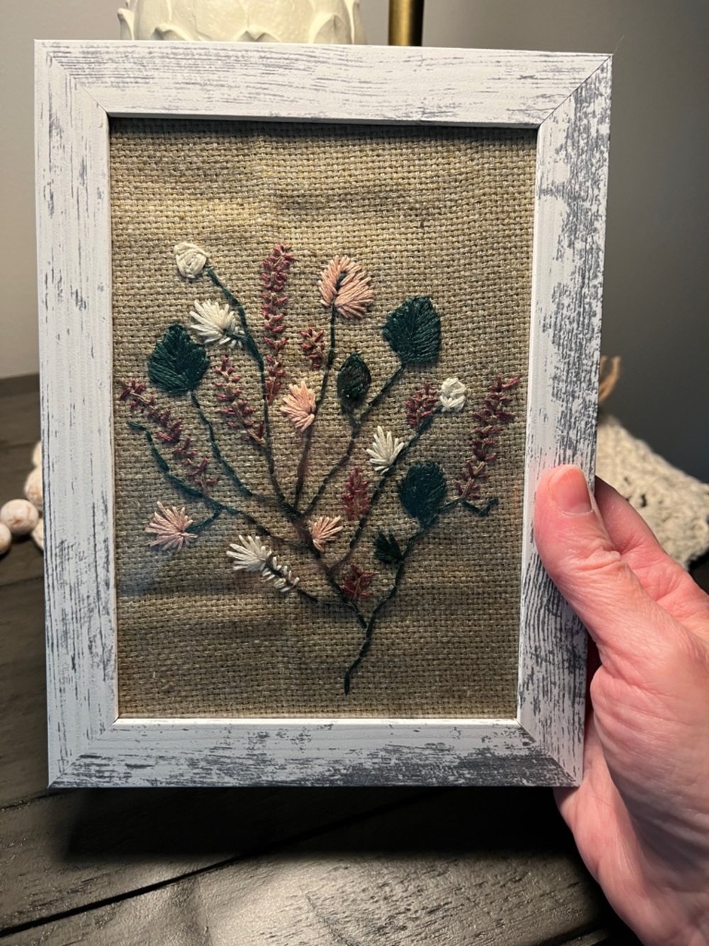 🥀 Framed Embroidered Floral Art - Neutral Burlap Background